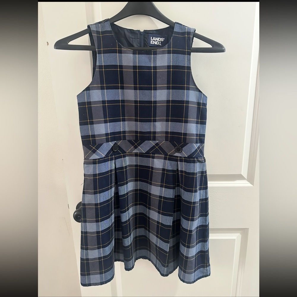 Lands' End Navy and Light Blue Plaid Dress Girls Size 14